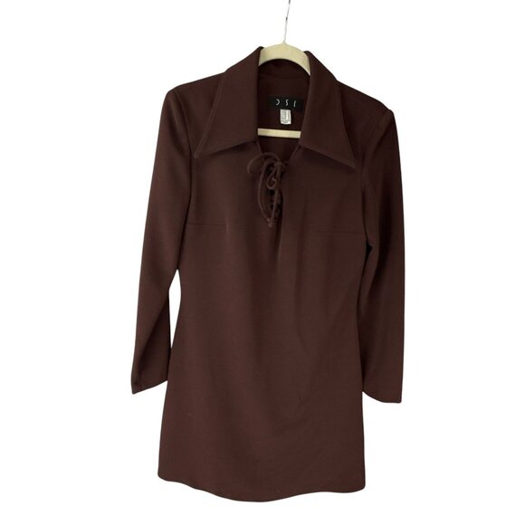 DSL Vintage Brown Lace Up Mini Sheath Dress Size 10 Church Modest Old Money 70s - Picture 1 of 9